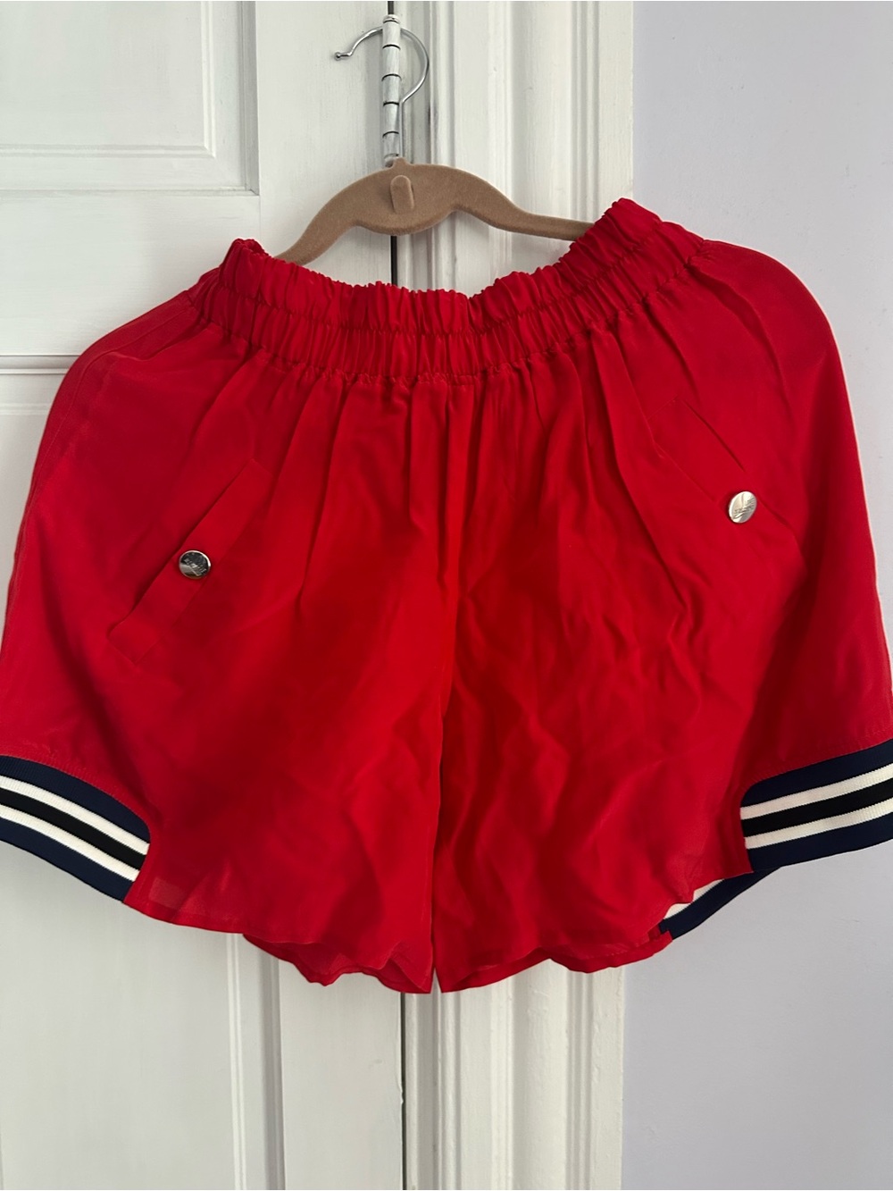 Love moschino Red Elastic-Waist Shorts with Navy Stripe Trim